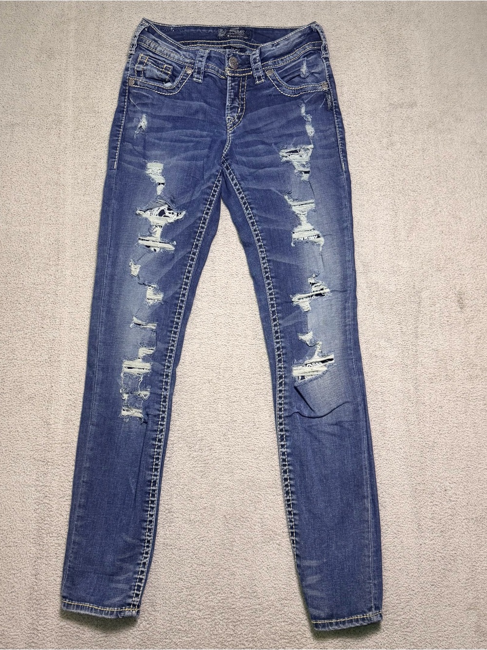 Silver Jeans Suki Mid Pencil Skinny Womens 26x31 Distressed Ripped Blue Denim